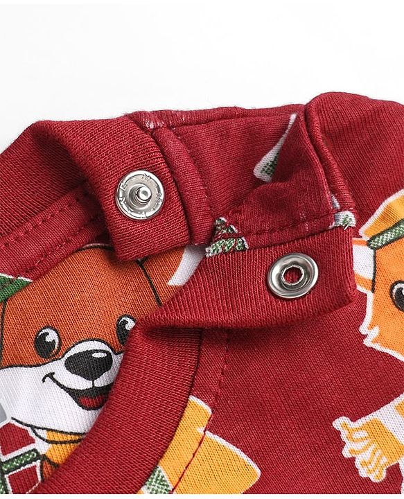 Babyhug 100% Cotton Knit Full Sleeves Co-Ords T-Shirt & Pyjama Night Suit with Animal Print - Maroon