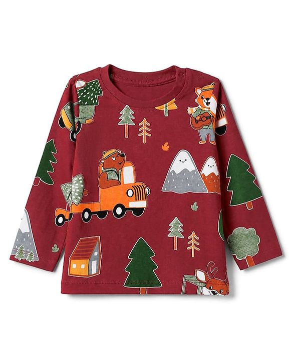 Babyhug 100% Cotton Knit Full Sleeves Co-Ords T-Shirt & Pyjama Night Suit with Animal Print - Maroon