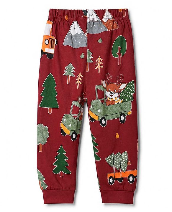 Babyhug 100% Cotton Knit Full Sleeves Co-Ords T-Shirt & Pyjama Night Suit with Animal Print - Maroon