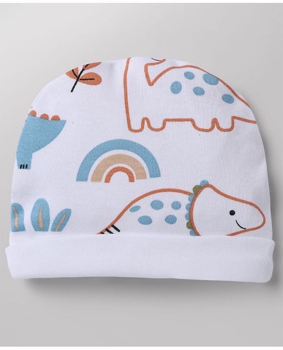 Babyhug 100% Cotton Interlock Knit Cap, Mittens & Booties with Animal Print White - Diameter 15 cm