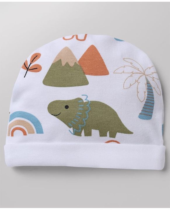 Babyhug 100% Cotton Interlock Knit Cap, Mittens & Booties with Animal Print White - Diameter 15 cm