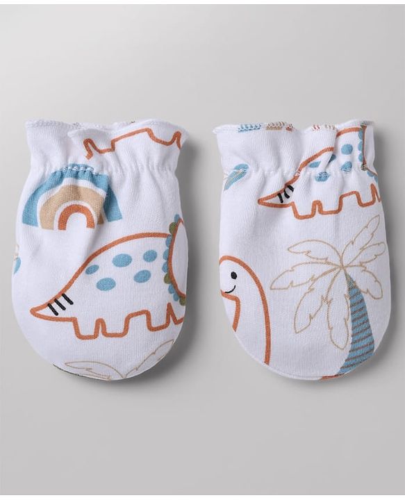 Babyhug 100% Cotton Interlock Knit Cap, Mittens & Booties with Animal Print White - Diameter 15 cm