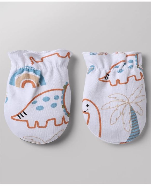 Babyhug 100% Cotton Interlock Knit Cap, Mittens & Booties with Animal Print White - Diameter 15 cm