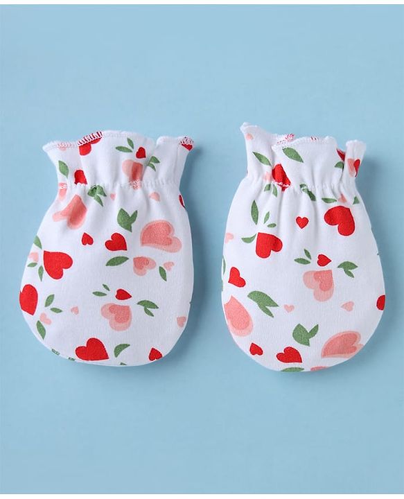 Babyhug 100% Cotton Interlock Knit Cap, Mittens & Booties with Heart & Floral Print White - Diameter 15 cm