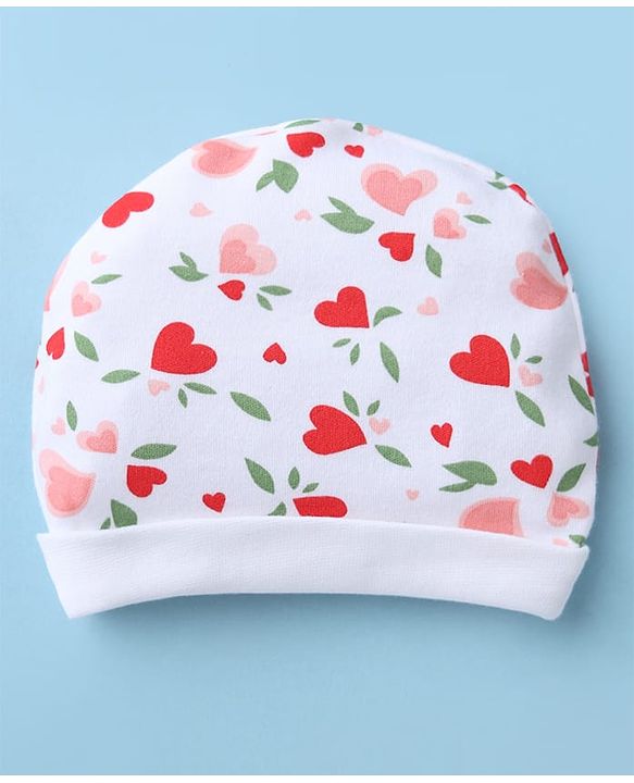 Babyhug 100% Cotton Interlock Knit Cap, Mittens & Booties with Heart & Floral Print White - Diameter 15 cm