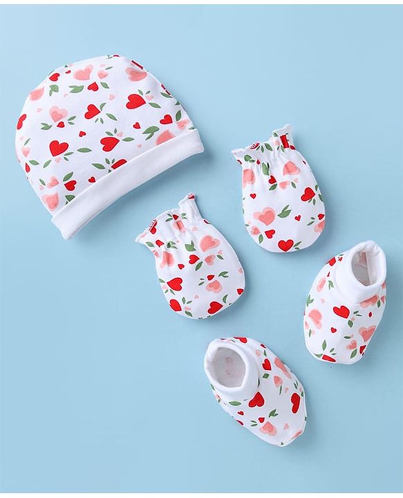 Babyhug 100% Cotton Interlock Knit Cap, Mittens & Booties with Heart & Floral Print White - Diameter 15 cm
