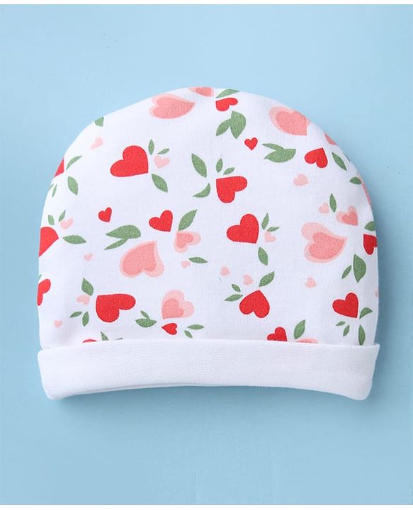 Babyhug 100% Cotton Interlock Knit Cap, Mittens & Booties with Heart & Floral Print White - Diameter 15 cm