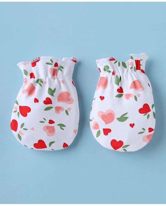 Babyhug 100% Cotton Interlock Knit Cap, Mittens & Booties with Heart & Floral Print White - Diameter 15 cm