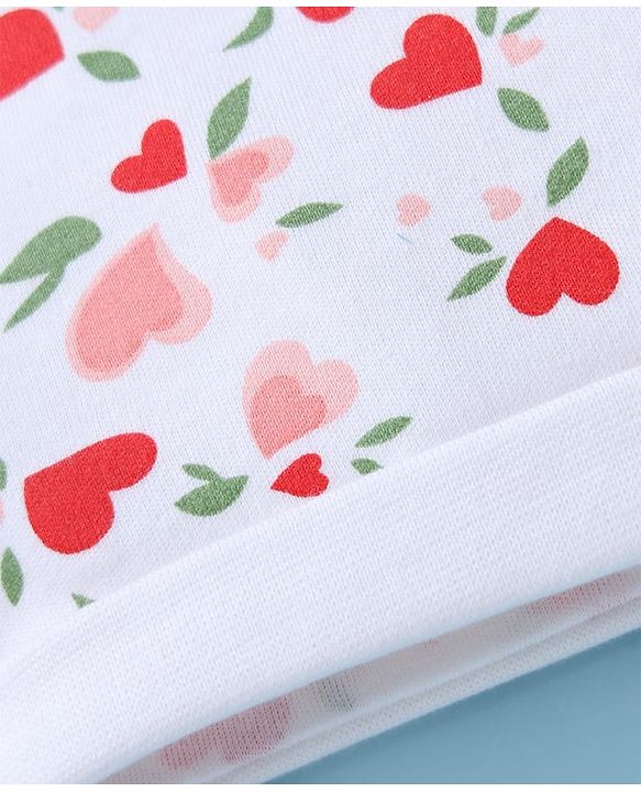 Babyhug 100% Cotton Interlock Knit Cap, Mittens & Booties with Heart & Floral Print White - Diameter 15 cm