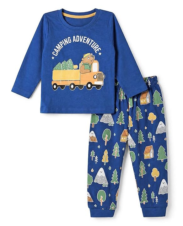 Babyhug 100% Cotton Knit Full Sleeves T-Shirt & Pyjama Night Suit with Bear & Truck Print - Blue