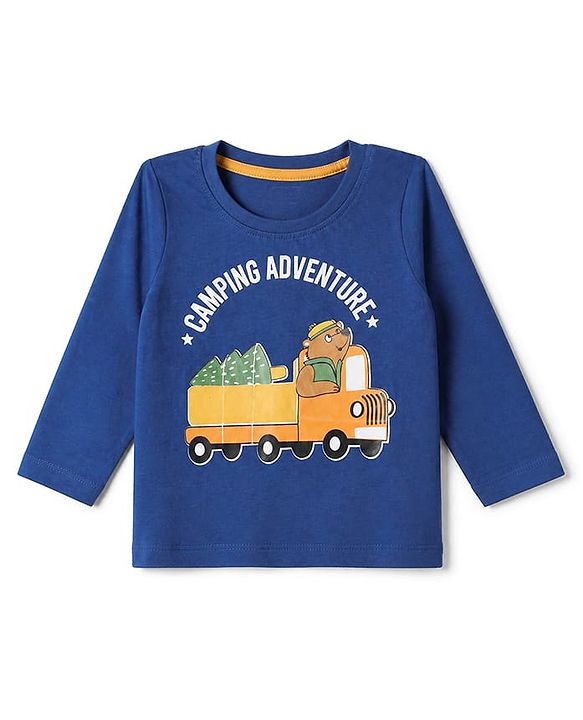 Babyhug 100% Cotton Knit Full Sleeves T-Shirt & Pyjama Night Suit with Bear & Truck Print - Blue