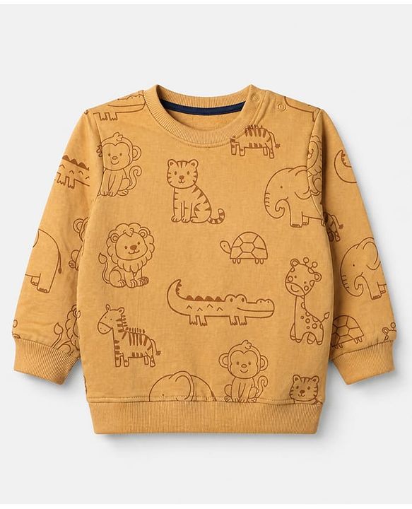 Babyhug 100% Cotton Terry Knit Sweatshirts with Full Sleeves and Animal Print Pack of 2 - Navy Blue Mustard