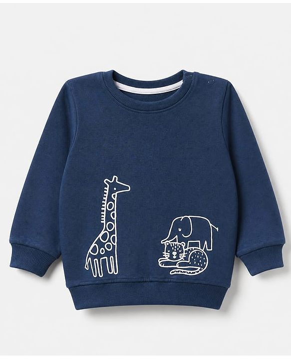Babyhug 100% Cotton Terry Knit Sweatshirts with Full Sleeves and Animal Print Pack of 2 - Navy Blue Mustard