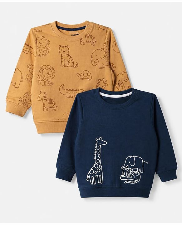 Babyhug 100% Cotton Terry Knit Sweatshirts with Full Sleeves and Animal Print Pack of 2 - Navy Blue Mustard