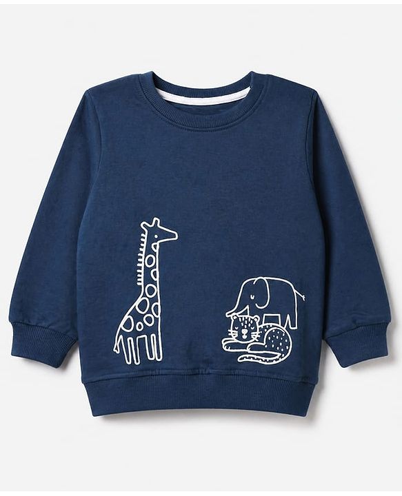 Babyhug 100% Cotton Terry Knit Sweatshirts with Full Sleeves and Animal Print Pack of 2 - Navy Blue Mustard