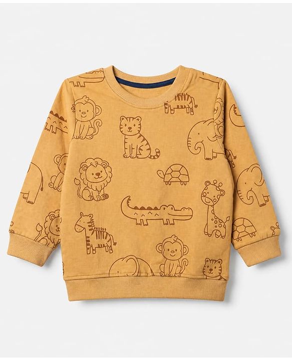 Babyhug 100% Cotton Terry Knit Sweatshirts with Full Sleeves and Animal Print Pack of 2 - Navy Blue Mustard