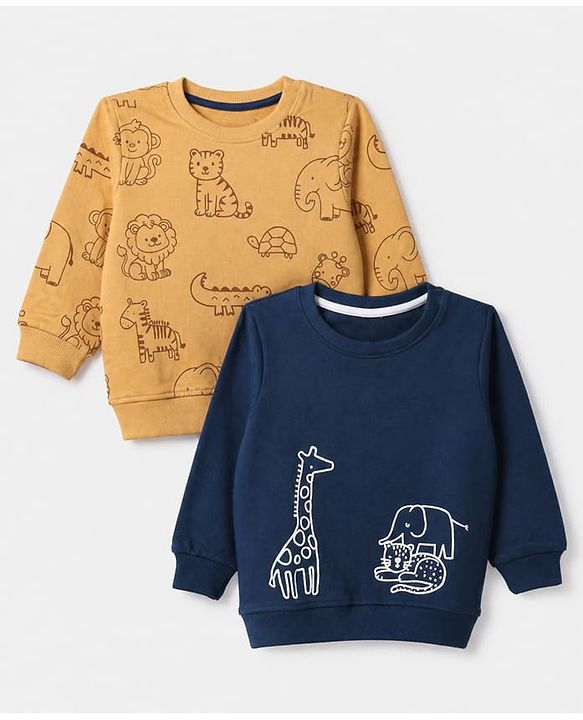 Babyhug 100% Cotton Terry Knit Sweatshirts with Full Sleeves and Animal Print Pack of 2 - Navy Blue Mustard