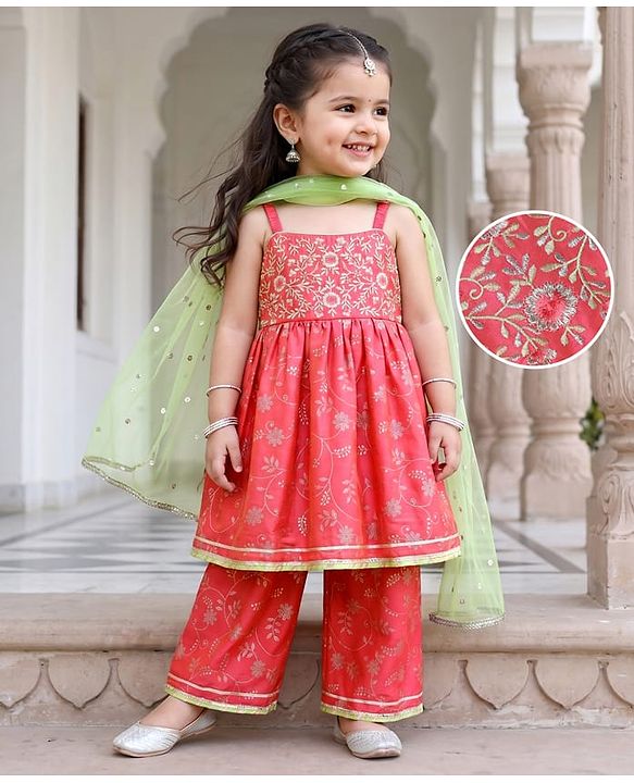 Babyhug Chanderi Woven Sleeveless Foil Printed Kurti & Salwar Set With Dupatta - Fuchsia