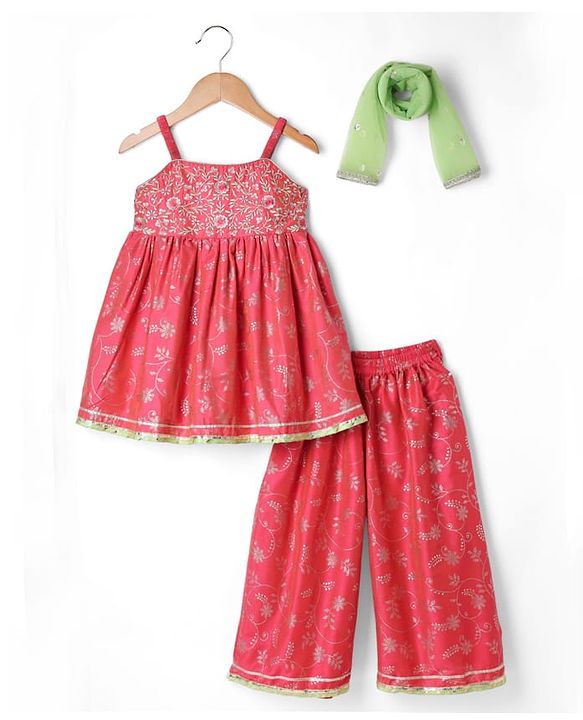 Babyhug Chanderi Woven Sleeveless Foil Printed Kurti & Salwar Set With Dupatta - Fuchsia