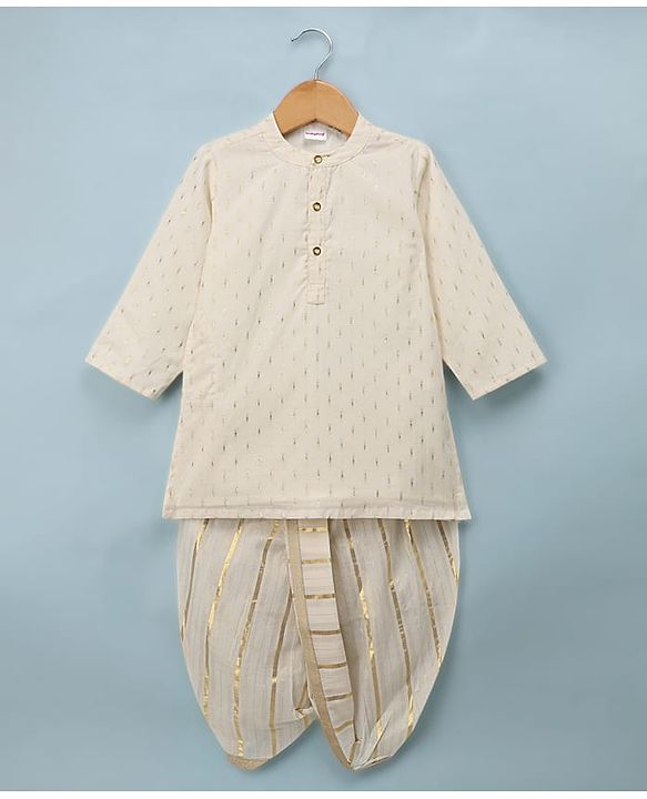 Babyhug Woven Lurex Dobby Dhoti Kurta Set With Foil Print - Off White