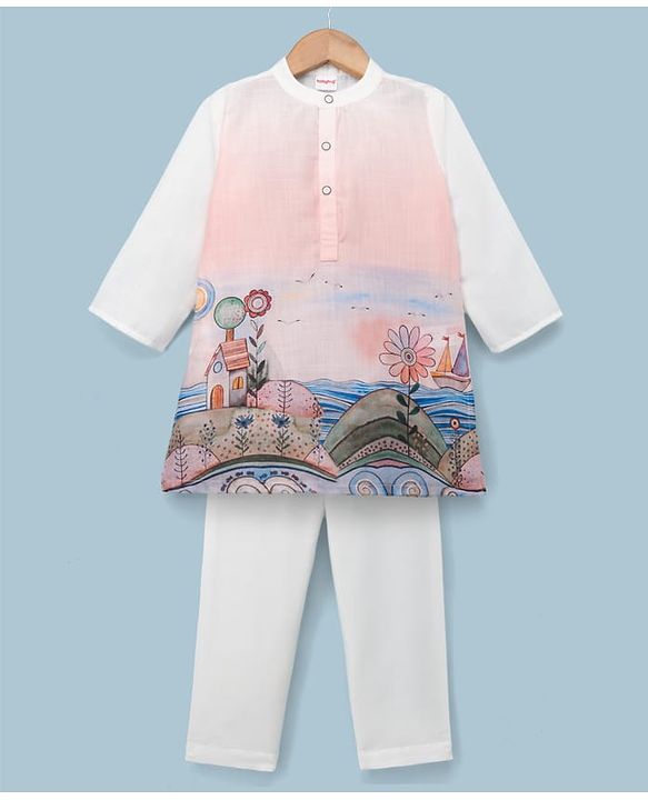 Babyhug Linen Woven Full Sleeves Kurta and Pyjama Set With Landscape Print - Light Pink