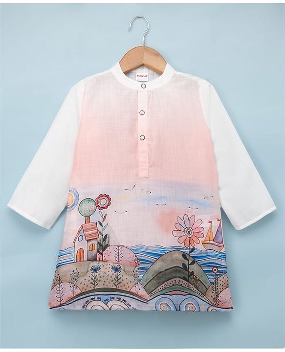 Babyhug Linen Woven Full Sleeves Kurta and Pyjama Set With Landscape Print - Light Pink