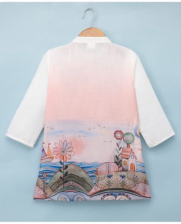 Babyhug Linen Woven Full Sleeves Kurta and Pyjama Set With Landscape Print - Light Pink