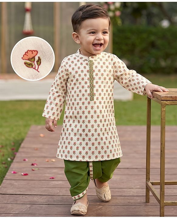 Babyhug 100% Cotton Woven Full Sleeves Kurta and Dhoti Set with Floral Print in Offwhite for 9-12 Months