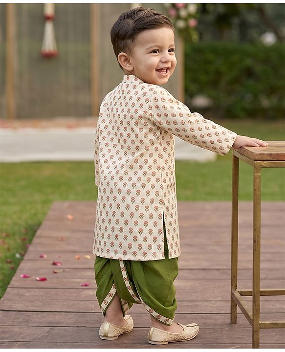 Babyhug 100% Cotton Woven Full Sleeves Kurta and Dhoti Set with Floral Print in Offwhite for 9-12 Months