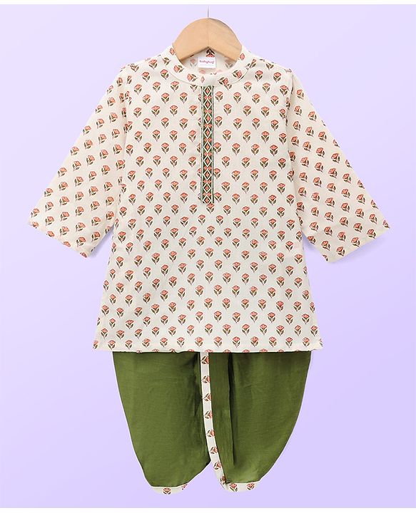 Babyhug 100% Cotton Woven Full Sleeves Kurta and Dhoti Set with Floral Print in Offwhite for 9-12 Months