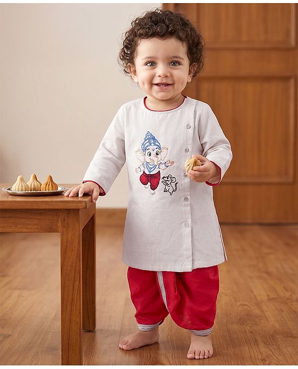 Babyhug Cotton Mix Woven Full Sleeves Kurta & Dhoti Set With Ganesh Embroidery - Off White
