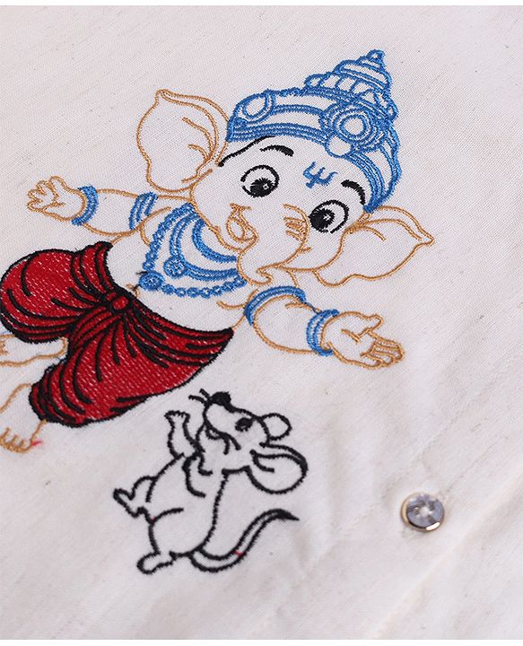 Babyhug Cotton Mix Woven Full Sleeves Kurta & Dhoti Set With Ganesh Embroidery - Off White