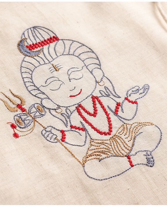 Babyhug Cotton blend Woven Full Sleeves Dhoti Kurta Set with Shiva Embroidery in Beige