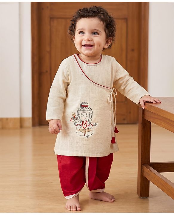 Babyhug Cotton blend Woven Full Sleeves Dhoti Kurta Set with Shiva Embroidery in Beige