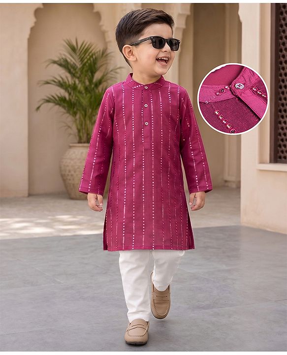 Babyhug Georgette Woven Full Sleeves Kurta and Pajama Set with Stripes Sequin Work - Wine