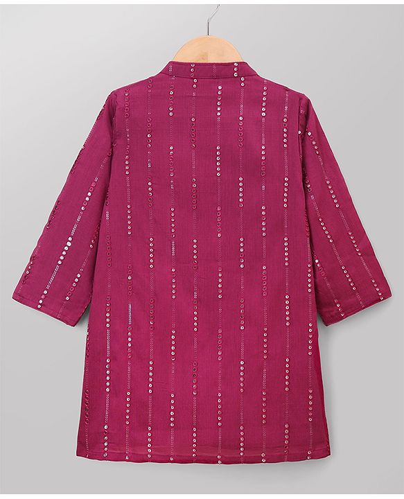 Babyhug Georgette Woven Full Sleeves Kurta and Pajama Set with Stripes Sequin Work - Wine