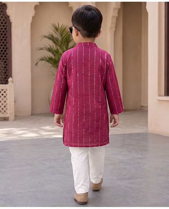 Babyhug Georgette Woven Full Sleeves Kurta and Pajama Set with Stripes Sequin Work - Wine