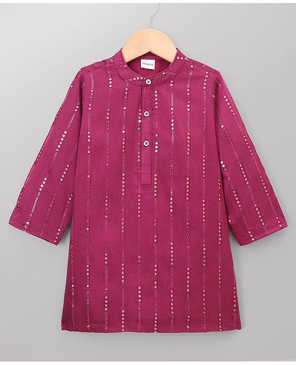 Babyhug Georgette Woven Full Sleeves Kurta and Pajama Set with Stripes Sequin Work - Wine