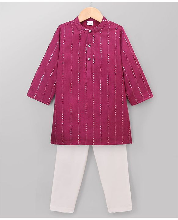 Babyhug Georgette Woven Full Sleeves Kurta and Pajama Set with Stripes Sequin Work - Wine