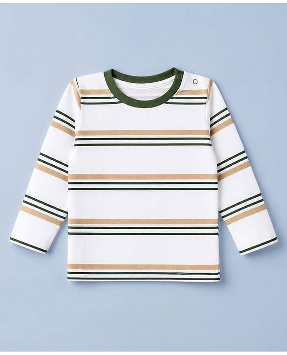 Babyhug 100% Cotton Knit Striped T-Shirts with Full Sleeves & Bear Print Pack of 3 - White Beige & Green