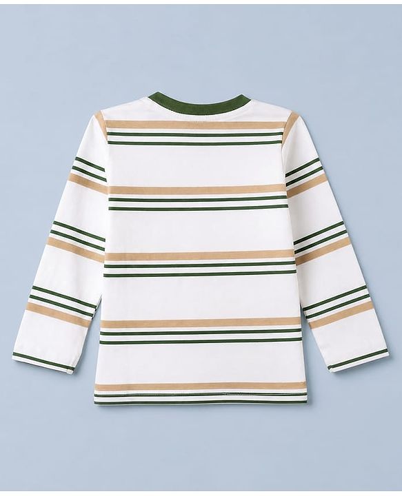 Babyhug 100% Cotton Knit Striped T-Shirts with Full Sleeves & Bear Print Pack of 3 - White Beige & Green