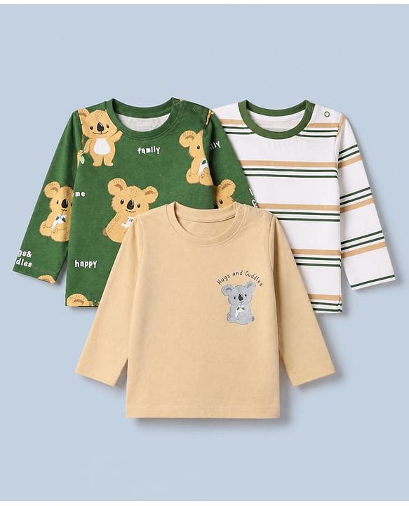Babyhug 100% Cotton Knit Striped T-Shirts with Full Sleeves & Bear Print Pack of 3 - White Beige & Green