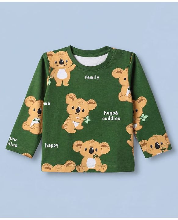 Babyhug 100% Cotton Knit Striped T-Shirts with Full Sleeves & Bear Print Pack of 3 - White Beige & Green