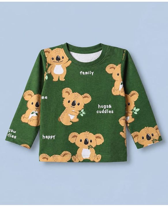 Babyhug 100% Cotton Knit Striped T-Shirts with Full Sleeves & Bear Print Pack of 3 - White Beige & Green