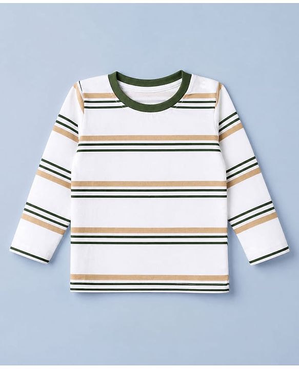 Babyhug 100% Cotton Knit Striped T-Shirts with Full Sleeves & Bear Print Pack of 3 - White Beige & Green
