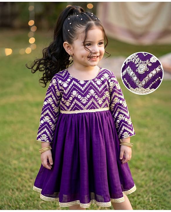 Babyhug Woven Ethnic Dresses With Three Fourth Sleeves and Floral Sequin Embroidery - Purple