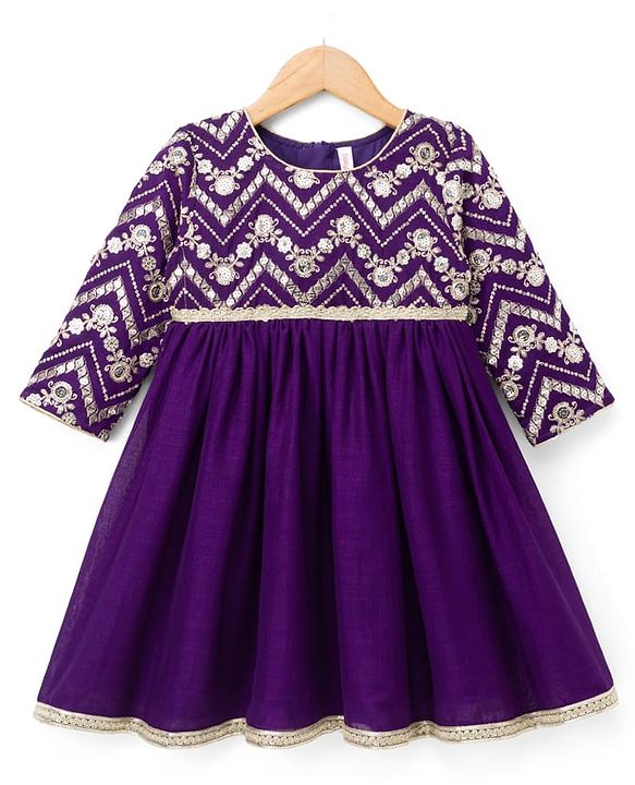 Babyhug Woven Ethnic Dresses With Three Fourth Sleeves and Floral Sequin Embroidery - Purple