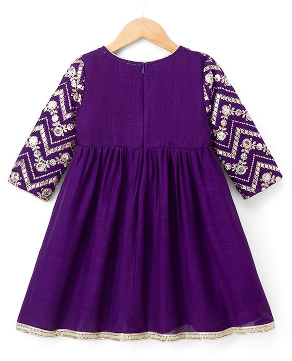 Babyhug Woven Ethnic Dresses With Three Fourth Sleeves and Floral Sequin Embroidery - Purple