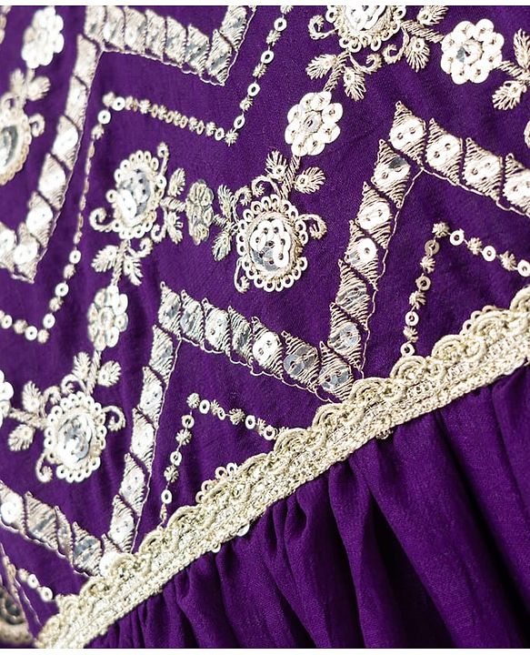 Babyhug Woven Ethnic Dresses With Three Fourth Sleeves and Floral Sequin Embroidery - Purple