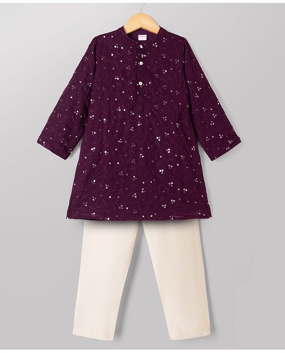 Babyhug Woven Georgette Full Sleeves Kurta & Pyjama Set Vines Embroidery - Wine